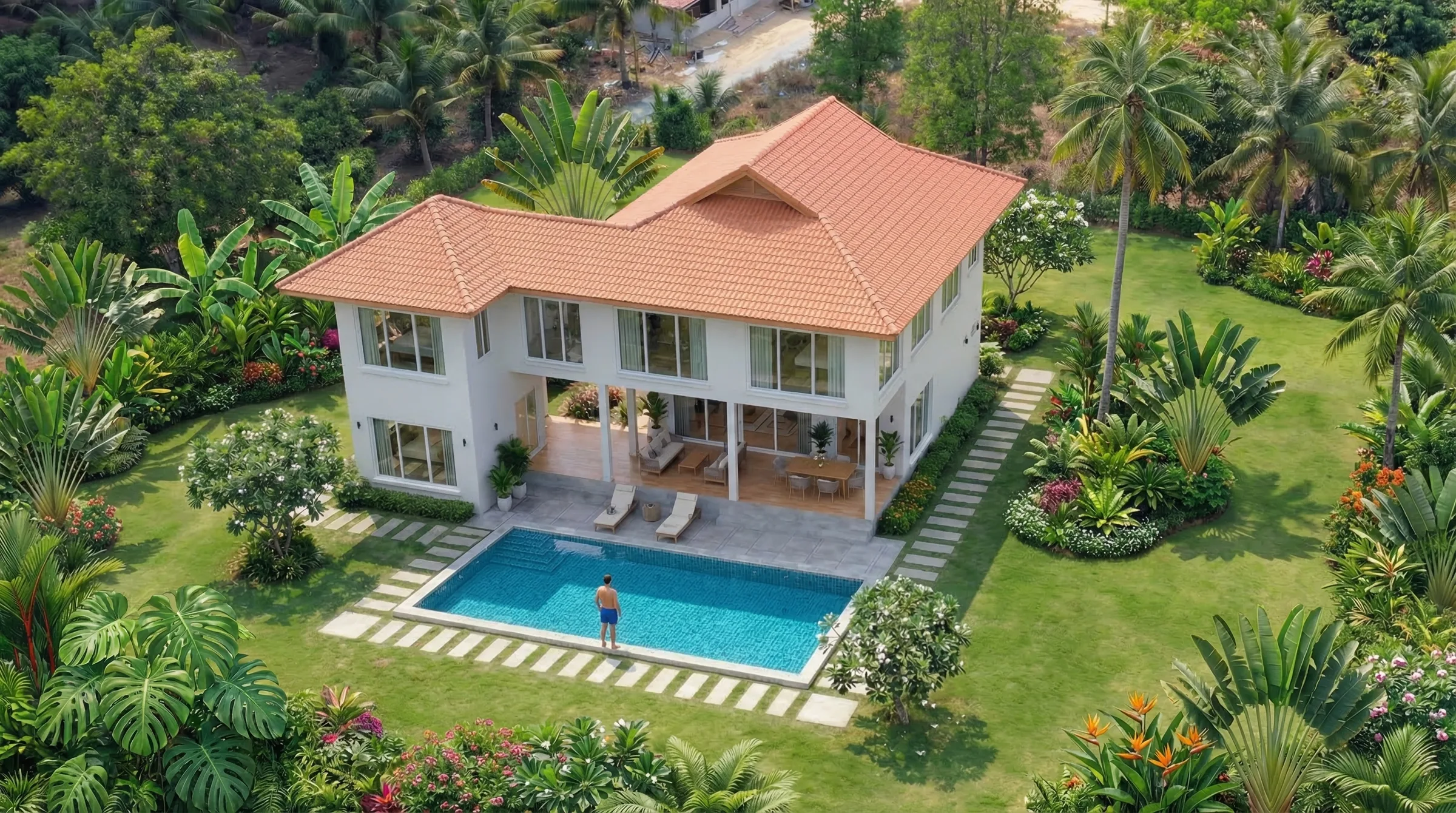 Aerial view of Villa Avalon with pool and tropical garden